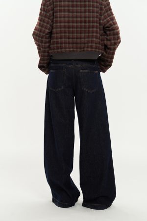 Vintage Deep Blue Wide-Leg Jeans for Women - Autumn Versatile Loose Slim Fit - 90s Inspired Fashion