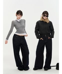 Vintage Deep Blue Wide-Leg Jeans for Women - Autumn Versatile Loose Slim Fit - 90s Inspired Fashion