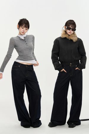 Vintage Deep Blue Wide-Leg Jeans for Women - Autumn Versatile Loose Slim Fit - 90s Inspired Fashion