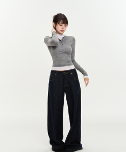 Vintage Deep Blue Wide-Leg Jeans for Women - Autumn Versatile Loose Slim Fit - 90s Inspired Fashion