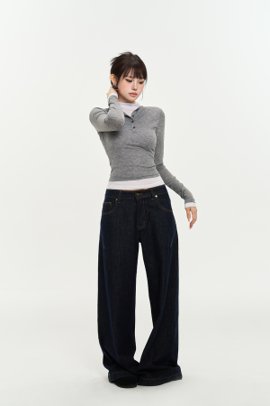 Vintage Deep Blue Wide-Leg Jeans for Women - Autumn Versatile Loose Slim Fit - 90s Inspired Fashion