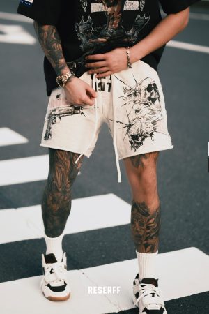Vintage Destruction Five-Point Shorts with Curved Blade Print - American Style, Casual, Streetwear, Y2K Fashion