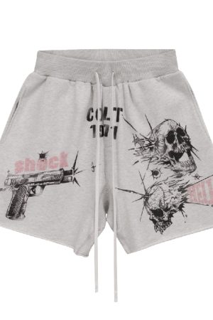 Vintage Destruction Five-Point Shorts with Curved Blade Print - American Style, Casual, Streetwear, Y2K Fashion