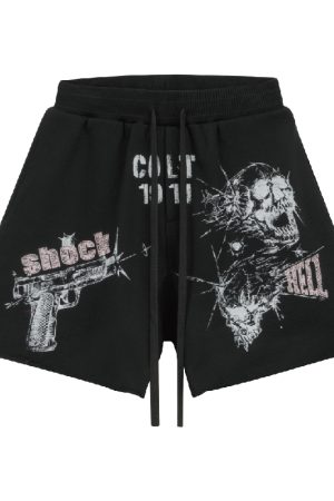 Vintage Destruction Five-Point Shorts with Curved Blade Print - American Style, Casual, Streetwear, Y2K Fashion