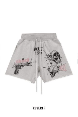 Vintage Destruction Five-Point Shorts with Curved Blade Print - American Style, Casual, Streetwear, Y2K Fashion