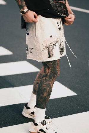 Vintage Destruction Five-Point Shorts with Curved Blade Print - American Style, Casual, Streetwear, Y2K Fashion