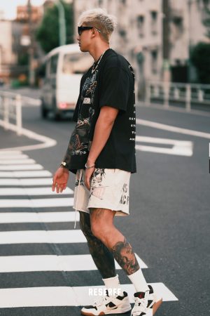 Vintage Destruction Five-Point Shorts with Curved Blade Print - American Style, Casual, Streetwear, Y2K Fashion