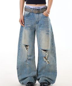 Vintage Distressed Bamboo Stripe Jeans for Women, Ripped Loose Curved Blade Wide-Leg Casual Pants, Y2K Fashion