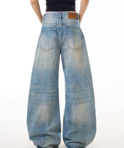 Vintage Distressed Bamboo Stripe Jeans for Women, Ripped Loose Curved Blade Wide-Leg Casual Pants, Y2K Fashion