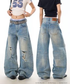 Vintage Distressed Bamboo Stripe Jeans for Women, Ripped Loose Curved Blade Wide-Leg Casual Pants, Y2K Fashion