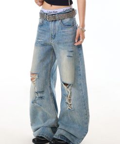 Vintage Distressed Bamboo Stripe Jeans for Women, Ripped Loose Curved Blade Wide-Leg Casual Pants, Y2K Fashion
