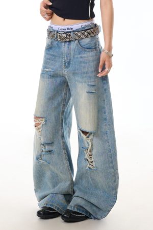 Vintage Distressed Bamboo Stripe Jeans for Women, Ripped Loose Curved Blade Wide-Leg Casual Pants, Y2K Fashion