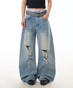 Vintage Distressed Bamboo Stripe Jeans for Women, Ripped Loose Curved Blade Wide-Leg Casual Pants, Y2K Fashion
