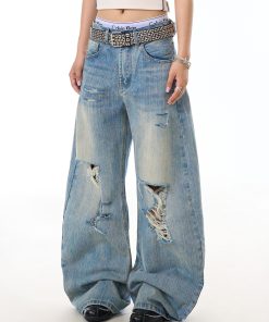 Vintage Distressed Bamboo Stripe Jeans for Women, Ripped Loose Curved Blade Wide-Leg Casual Pants, Y2K Fashion