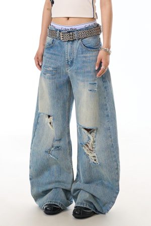 Vintage Distressed Bamboo Stripe Jeans for Women, Ripped Loose Curved Blade Wide-Leg Casual Pants, Y2K Fashion
