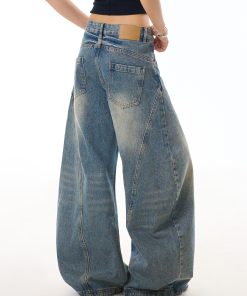 Vintage Distressed Deconstructed Blue Denim Wide-Leg Trousers for Women - Trendy Loose Long Pants with Curved Blade Design