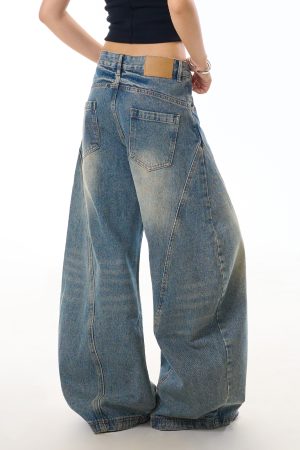 Vintage Distressed Deconstructed Blue Denim Wide-Leg Trousers for Women - Trendy Loose Long Pants with Curved Blade Design