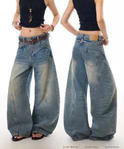 Vintage Distressed Deconstructed Blue Denim Wide-Leg Trousers for Women - Trendy Loose Long Pants with Curved Blade Design