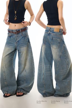 Vintage Distressed Deconstructed Blue Denim Wide-Leg Trousers for Women - Trendy Loose Long Pants with Curved Blade Design