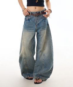 Vintage Distressed Deconstructed Blue Denim Wide-Leg Trousers for Women - Trendy Loose Long Pants with Curved Blade Design