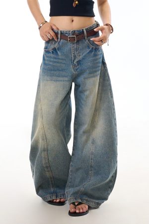 Vintage Distressed Deconstructed Blue Denim Wide-Leg Trousers for Women - Trendy Loose Long Pants with Curved Blade Design