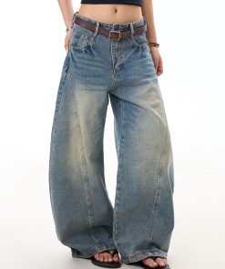 Vintage Distressed Deconstructed Blue Denim Wide-Leg Trousers for Women - Trendy Loose Long Pants with Curved Blade Design
