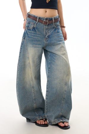 Vintage Distressed Deconstructed Blue Denim Wide-Leg Trousers for Women - Trendy Loose Long Pants with Curved Blade Design