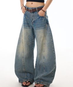 Vintage Distressed Deconstructed Blue Denim Wide-Leg Trousers for Women - Trendy Loose Long Pants with Curved Blade Design