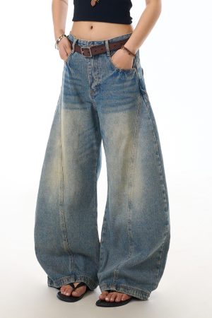Vintage Distressed Deconstructed Blue Denim Wide-Leg Trousers for Women - Trendy Loose Long Pants with Curved Blade Design
