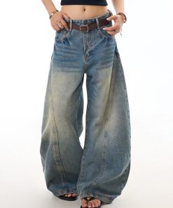 Vintage Distressed Deconstructed Blue Denim Wide-Leg Trousers for Women - Trendy Loose Long Pants with Curved Blade Design
