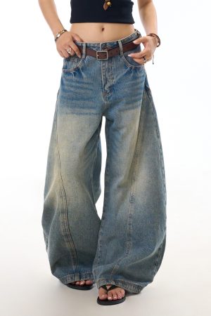 Vintage Distressed Deconstructed Blue Denim Wide-Leg Trousers for Women - Trendy Loose Long Pants with Curved Blade Design