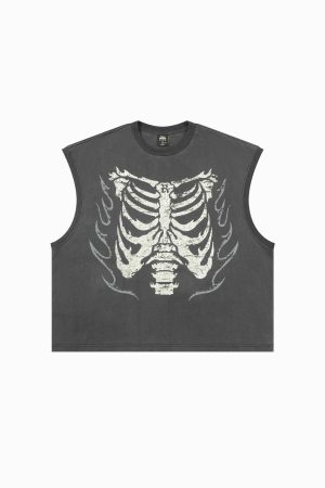 Vintage Distressed Flame Skull Sleeveless T-Shirt for Men - Trendy Dance Club Graphic Tee, Y2K Style, Casual Streetwear