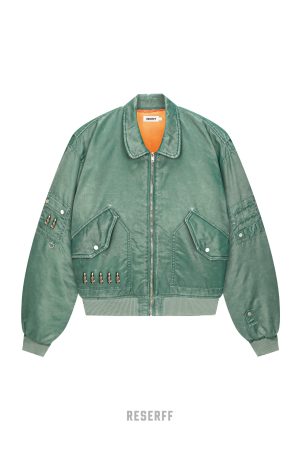 Vintage Distressed Green Outline Curved Blade MA-1 Flight Jacket - Retro 90s Style Bomber Jacket for Casual Streetwear