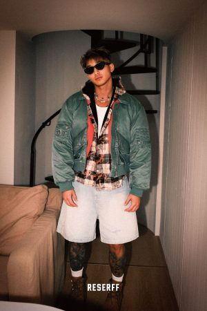 Vintage Distressed Green Outline Curved Blade MA-1 Flight Jacket - Retro 90s Style Bomber Jacket for Casual Streetwear