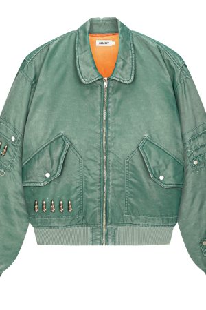 Vintage Distressed Green Outline Curved Blade MA-1 Flight Jacket - Retro 90s Style Bomber Jacket for Casual Streetwear