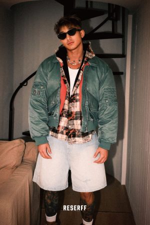 Vintage Distressed Green Outline Curved Blade MA-1 Flight Jacket - Retro 90s Style Bomber Jacket for Casual Streetwear