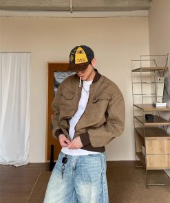 Vintage Distressed Harrington Jacket for Men and Women, American High Street Style Short Coat for Couples, Cleanfit Look