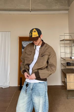 Vintage Distressed Harrington Jacket for Men and Women, American High Street Style Short Coat for Couples, Cleanfit Look