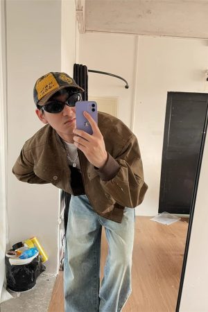 Vintage Distressed Harrington Jacket for Men and Women, American High Street Style Short Coat for Couples, Cleanfit Look