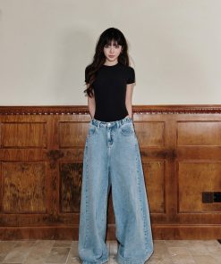 Vintage Distressed High-Waisted Loose-Fit Women's Casual Floor-Length Jeans - Perfect for Y2K and 90s Style Fashion