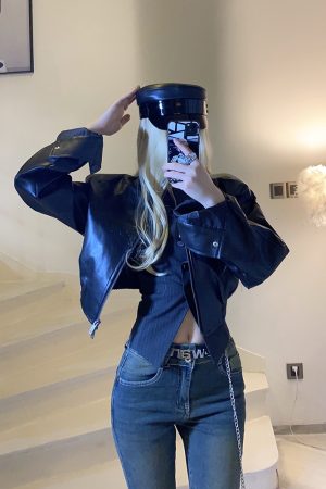 Vintage Distressed Leather Jacket with Double Zipper Design and Stand Collar - Short Loose Fit, Y2K Style