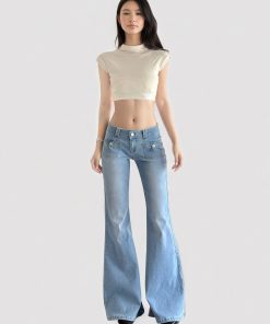 Vintage Distressed Low-Waist Flared Jeans for Women - Casual Street Style Slim Fit American 90s Fashion