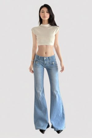 Vintage Distressed Low-Waist Flared Jeans for Women - Casual Street Style Slim Fit American 90s Fashion
