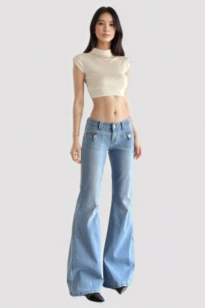 Vintage Distressed Low-Waist Flared Jeans for Women - Casual Street Style Slim Fit American 90s Fashion