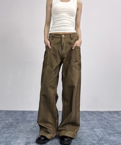 Vintage Distressed Oversized Flared Work Pants for Women, Loose Wide-Leg Casual Trousers, American Trendy Style