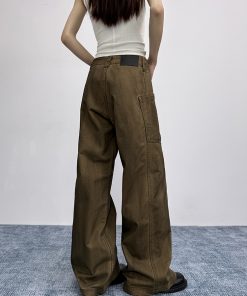 Vintage Distressed Oversized Flared Work Pants for Women, Loose Wide-Leg Casual Trousers, American Trendy Style