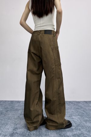 Vintage Distressed Oversized Flared Work Pants for Women, Loose Wide-Leg Casual Trousers, American Trendy Style