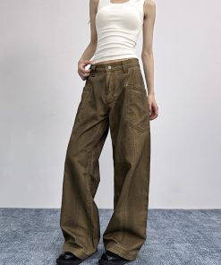 Vintage Distressed Oversized Flared Work Pants for Women, Loose Wide-Leg Casual Trousers, American Trendy Style