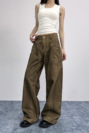 Vintage Distressed Oversized Flared Work Pants for Women, Loose Wide-Leg Casual Trousers, American Trendy Style
