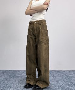 Vintage Distressed Oversized Flared Work Pants for Women, Loose Wide-Leg Casual Trousers, American Trendy Style